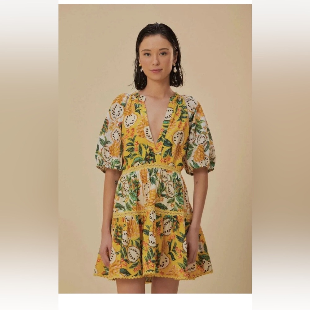FARM Rio Sz XS Yellow Fruit Print Short Sleeve Biriba Mini Dress